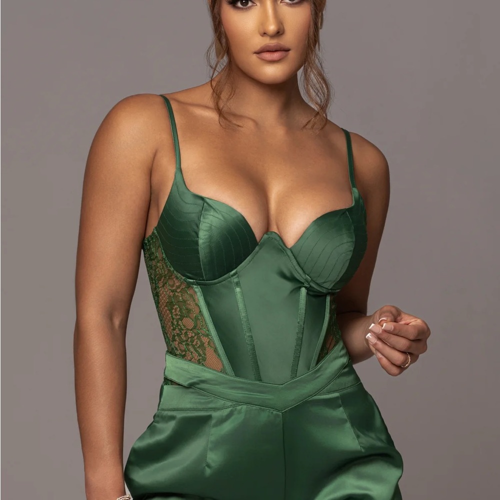 JLUXLABEL Emerald Green Satin Lace Bustier Corset Top